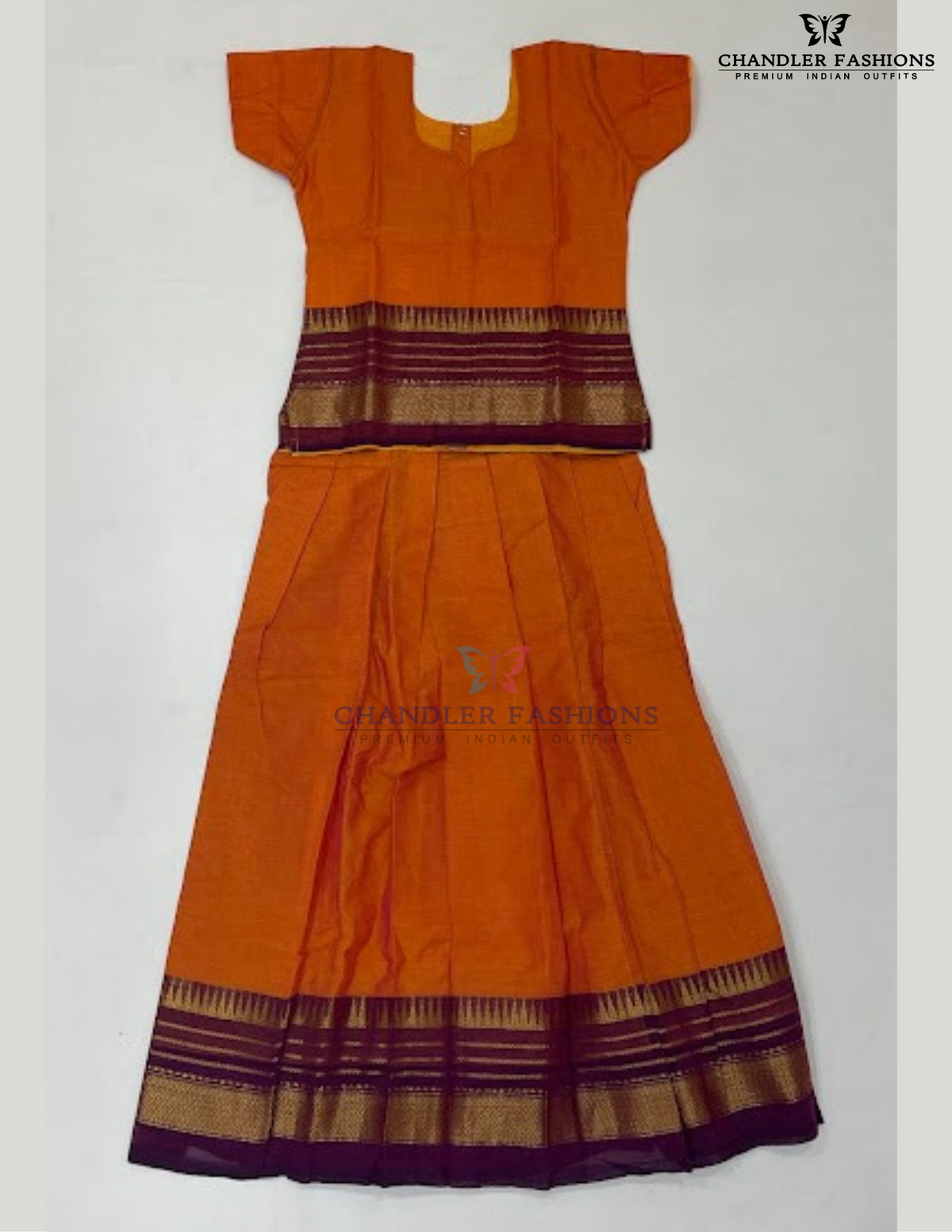 Stunning Orange Color Cotton With Zari Work Border Langa Sets For Girls