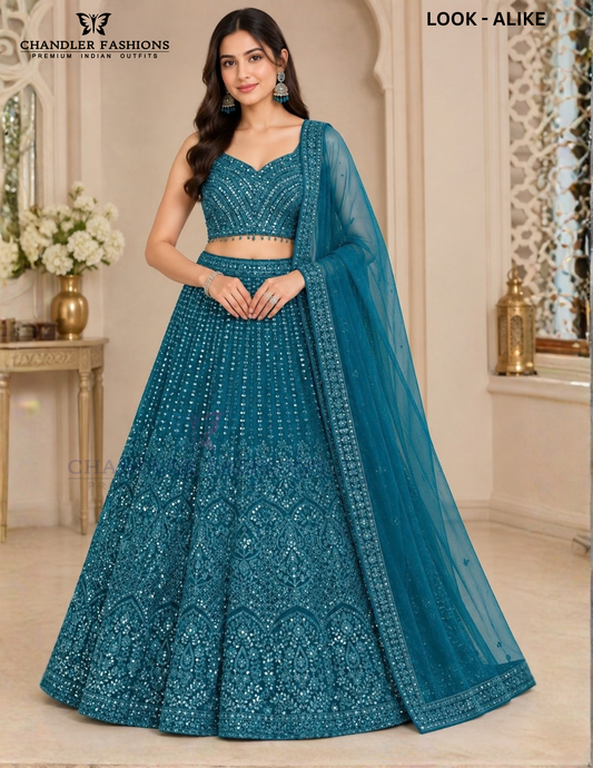 Elegant Teal Blue Net Lehenga Choli With Embroidery Work For Women