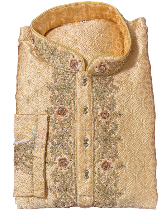 Graceful Orange Color Cotton Designer Men's Kurta With Stone And Embroidery Work