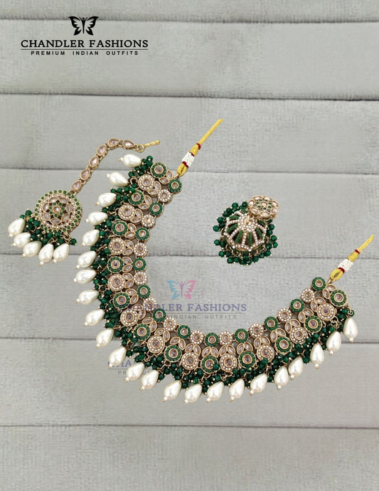 Lovely Gold Color And Green And White Pearl Antique Gold Jhumka Necklace Set with Earrings And Maang Tikka