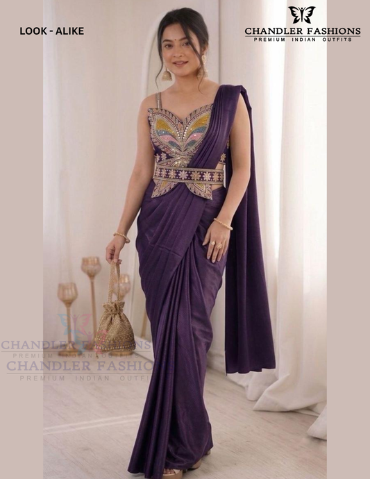 Amazing Purple Color Ready To Wear Saree With Embroidery Work For Women