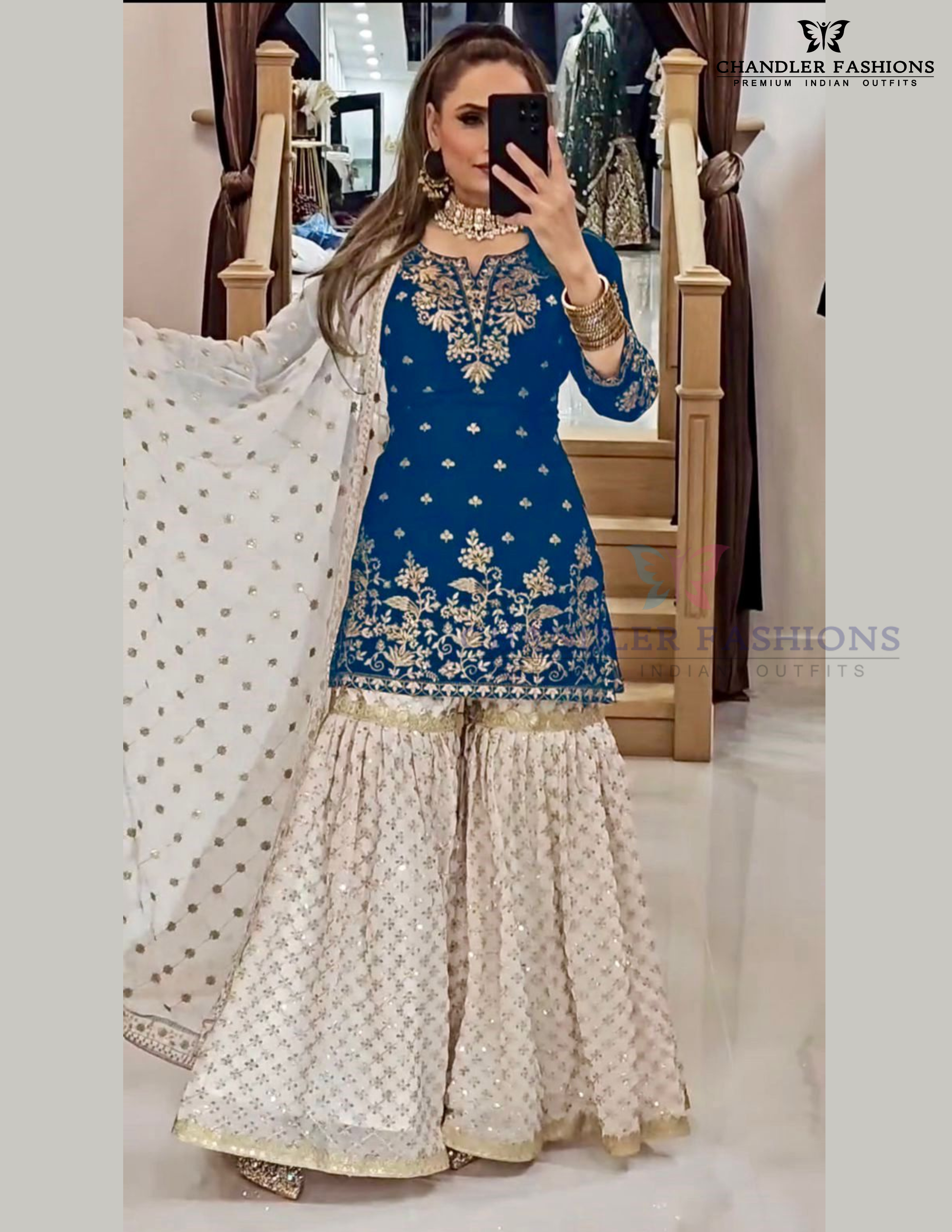 Stunning Blue Color Georgette With Embroidery Work Sharara Suits With Dupatta