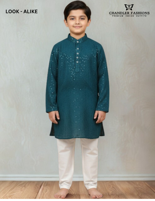 Attractive Teal Blue Colored Cotton Sequins Embroidery Work Kurta With Pajama Pant For Boys