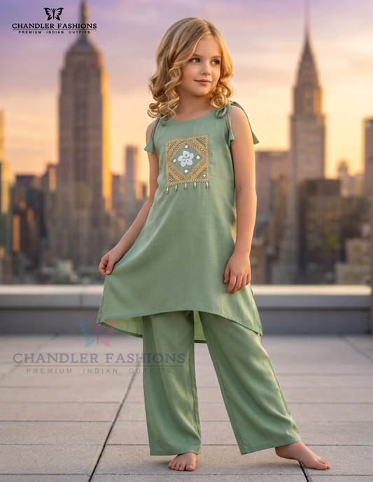 Charming Light Green Color Rayon With Embroidery Work Kurti Suits For Girls