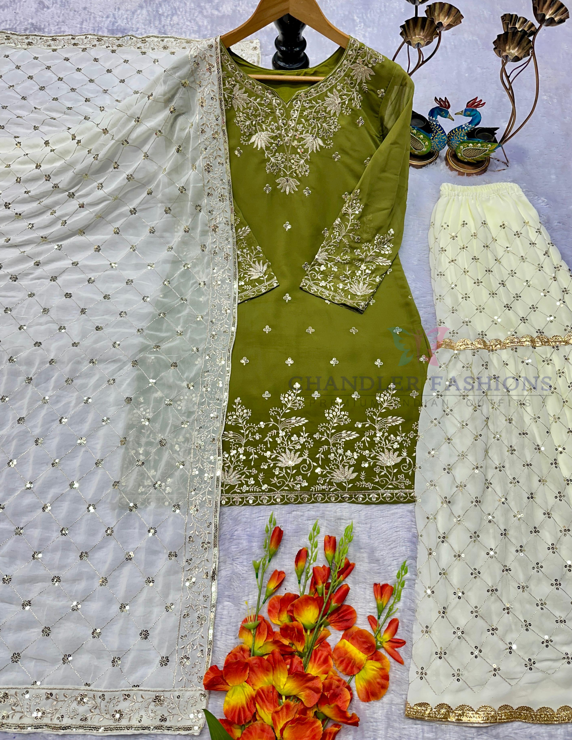 Mehendi Green Color Georgette With Embroidery Work Sharara Suits Near Me