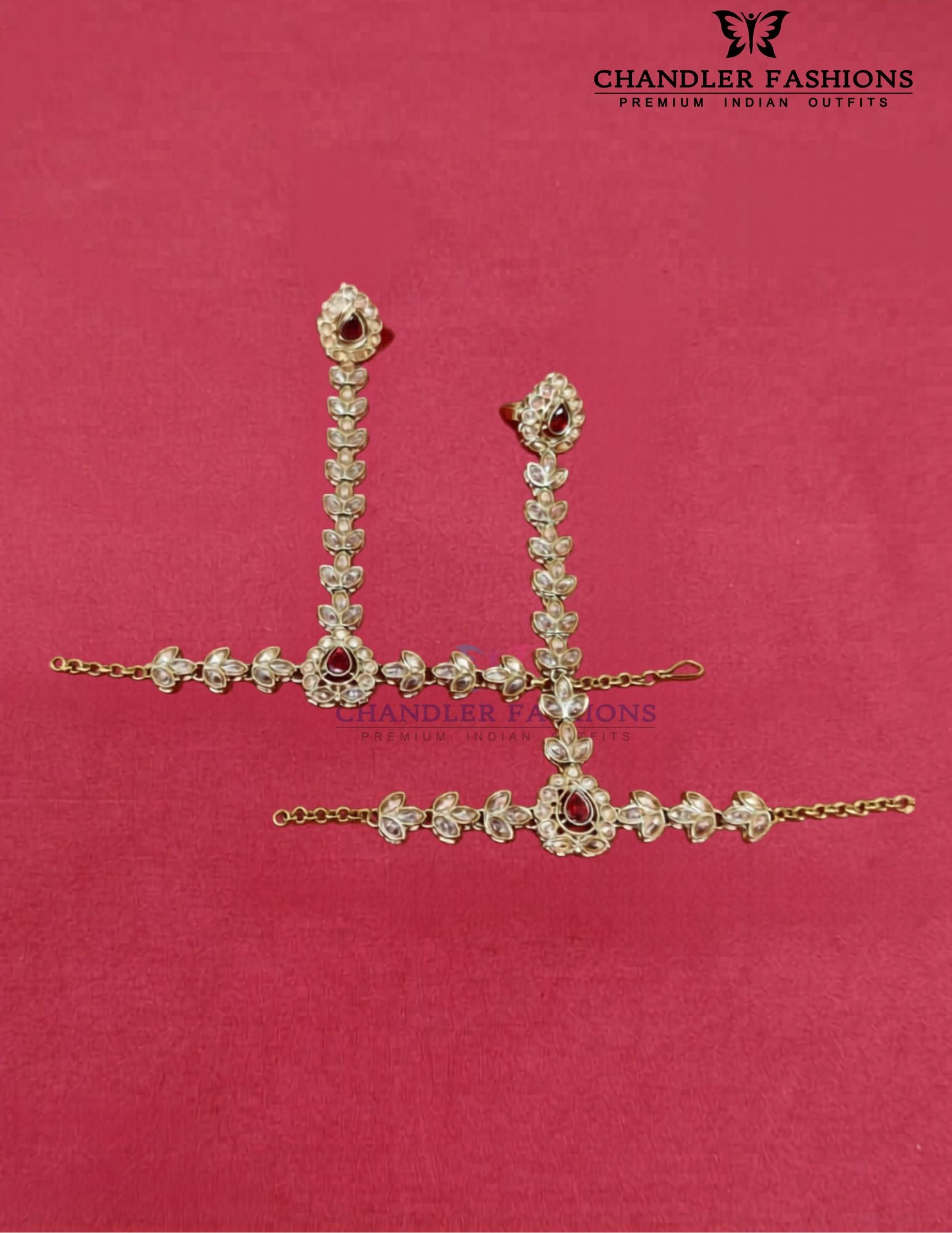 Lovely White And Red Stones Gold Plated With Hand Chain For Women