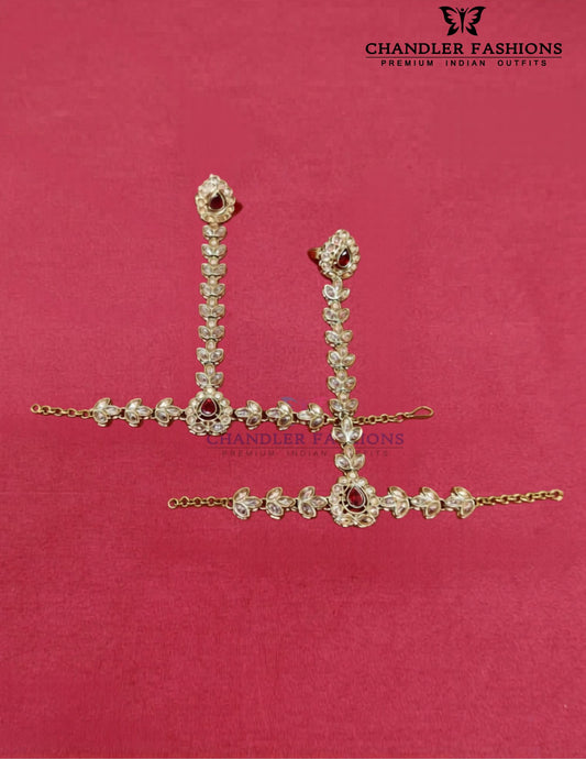 Lovely White And Red Stones Gold Plated With Hand Chain For Women