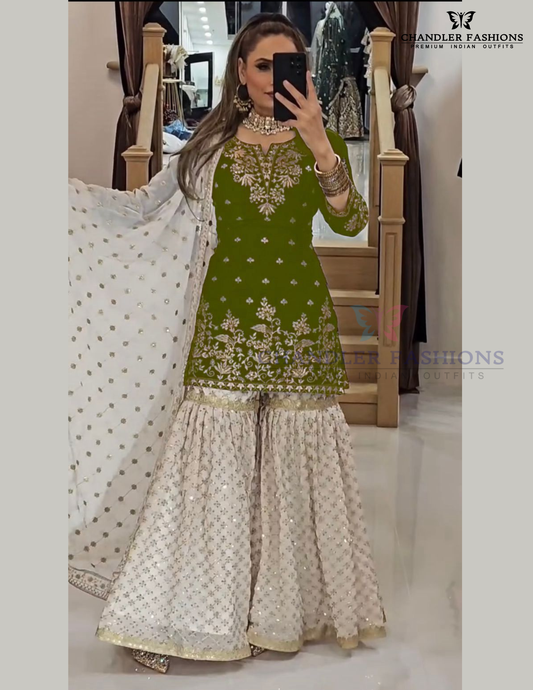 Amazing Mehendi Green Color Georgette With Embroidery Work Sharara Suits With Dupatta