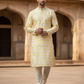 Charming Yellow Color Raw Silk With Embroidery Work Kurta Suits For Men