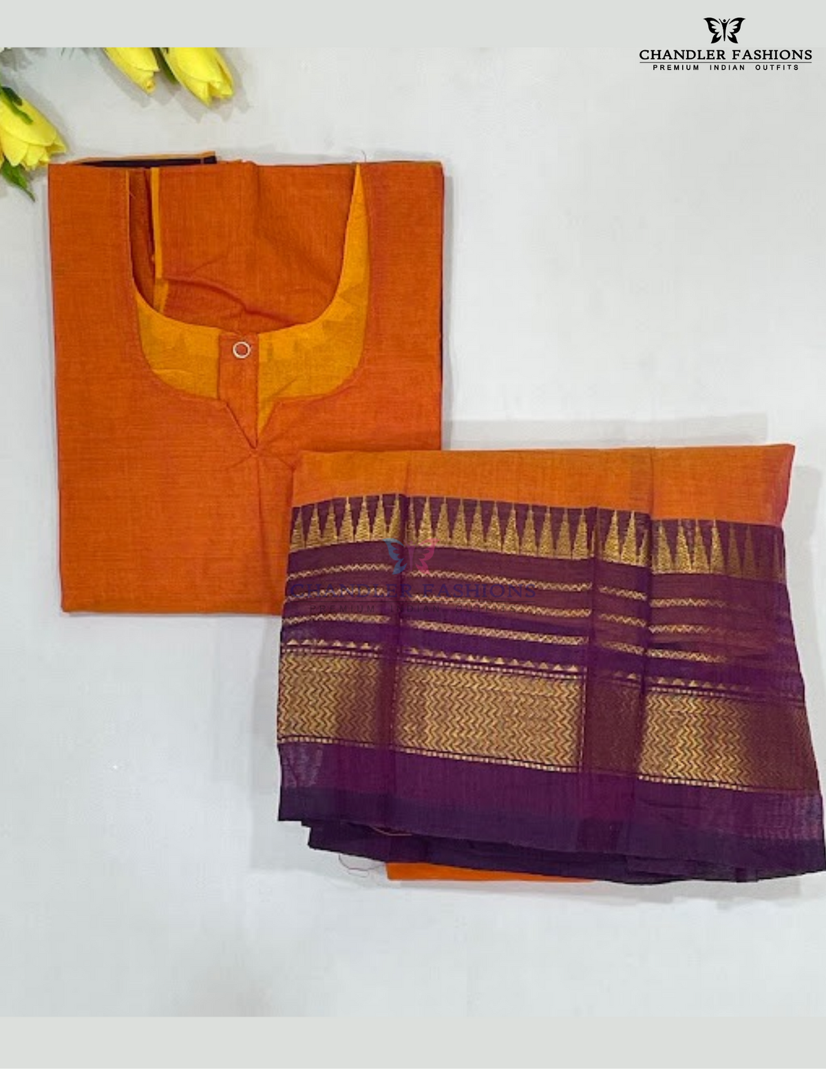 Stunning Orange Color Cotton With Zari Work Border Langa Sets Near Me
