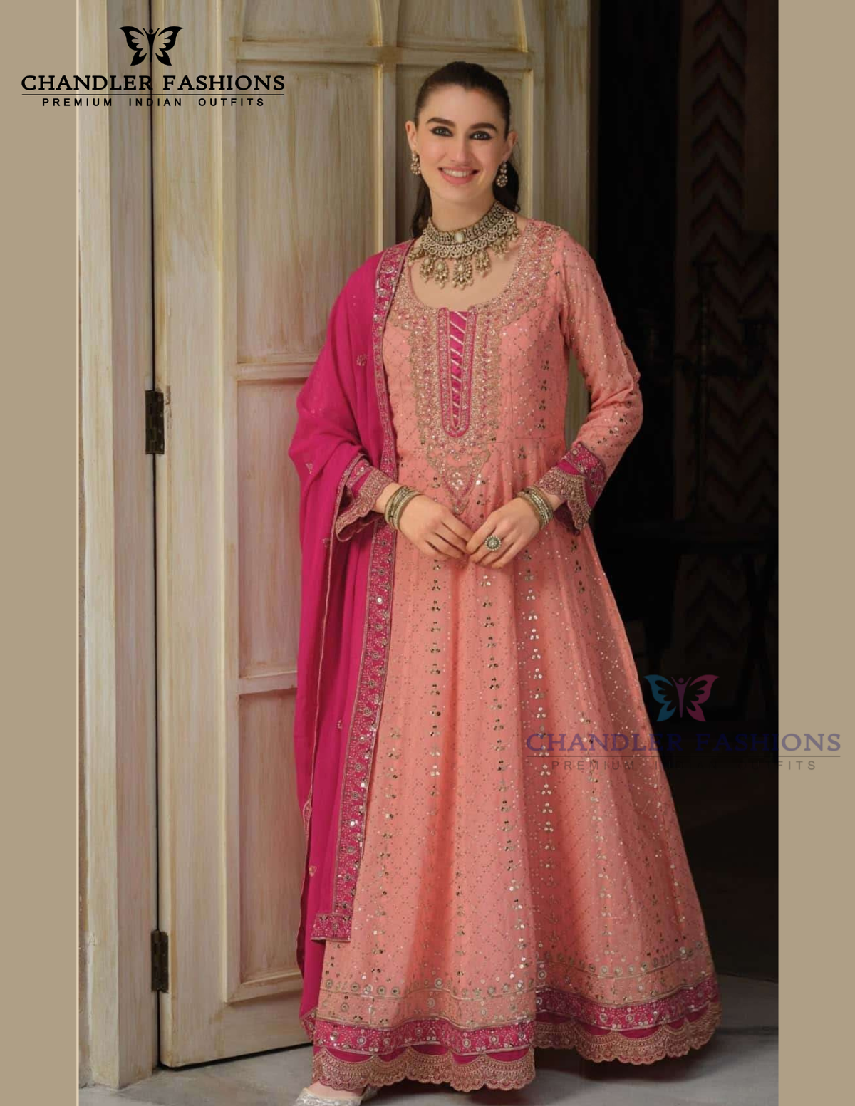 Attractive Peach Color Embroidery Work With Georgette Anarkali Gown For Women