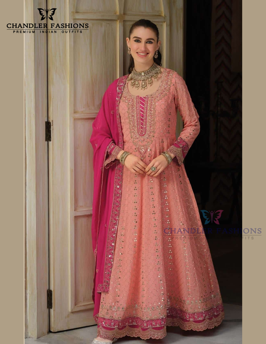 Attractive Peach Color Embroidery Work With Georgette Anarkali Gown For Women