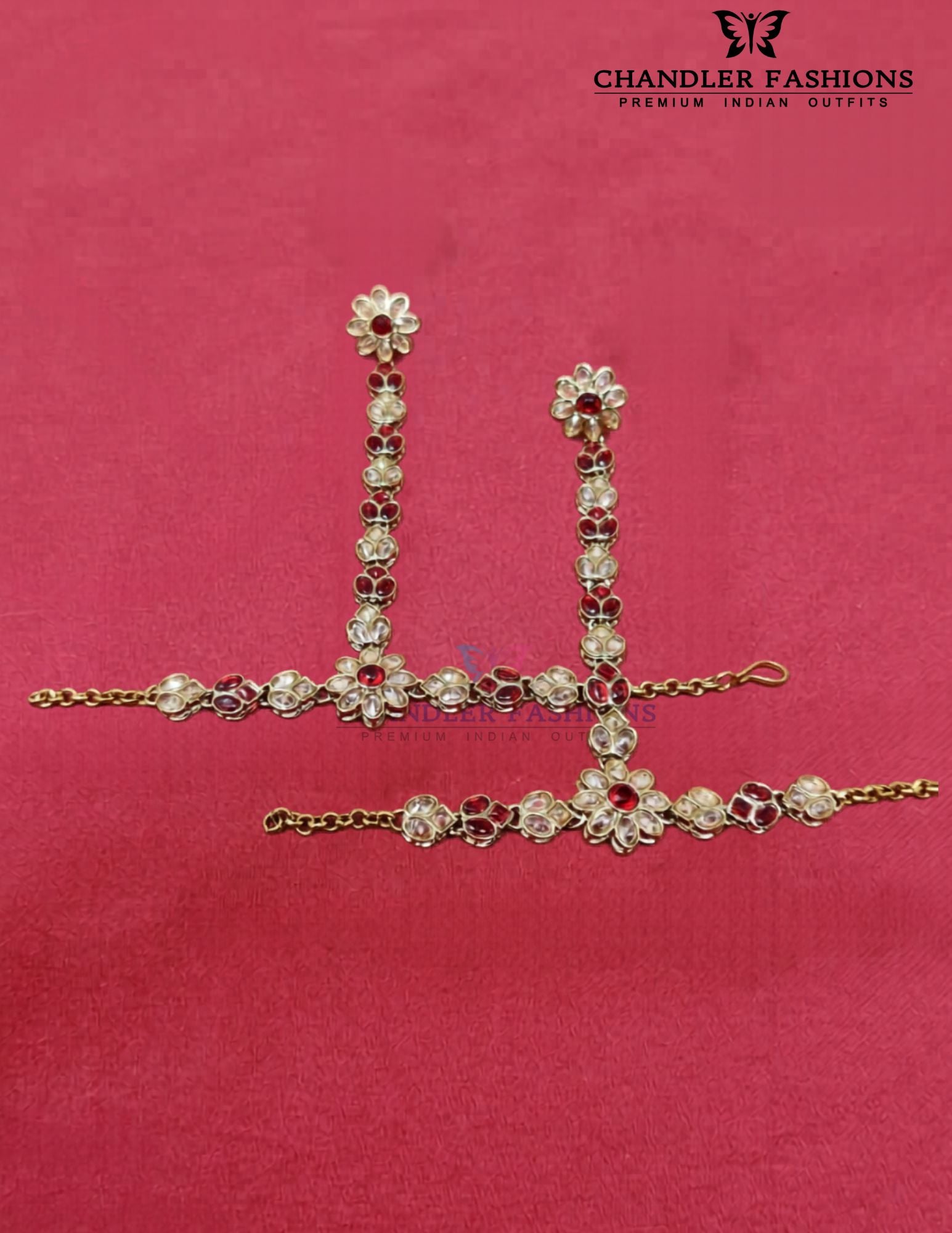 Pretty White And Red Stones Gold Plated Hand Chain For Women