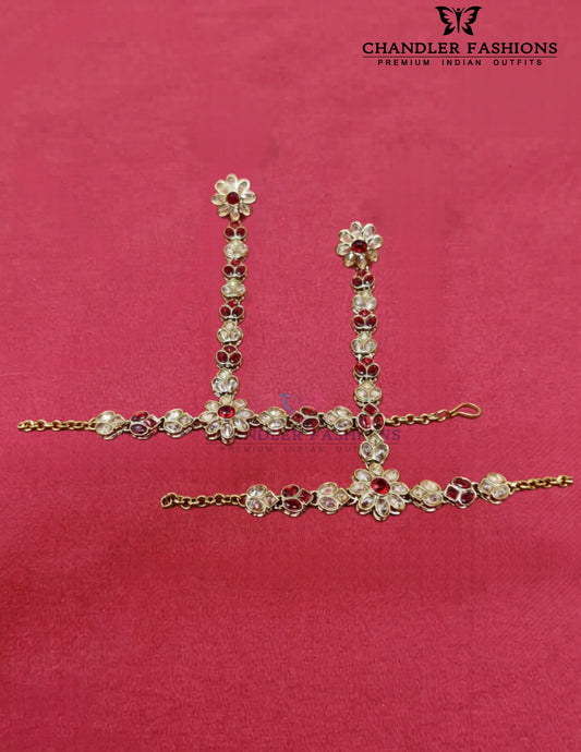 Pretty White And Red Stones Gold Plated Hand Chain For Women