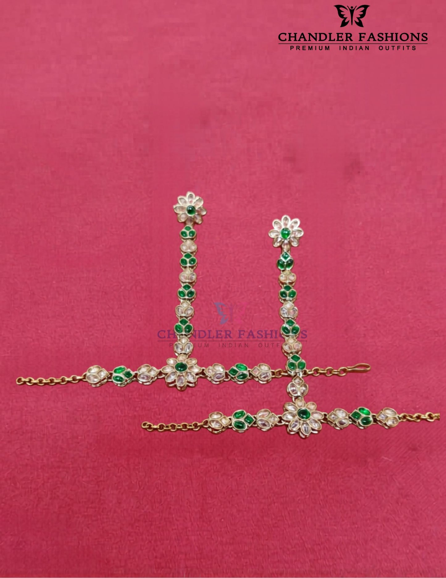 Attratcive White And Green Stones Gold Plated Hand Chain For Women