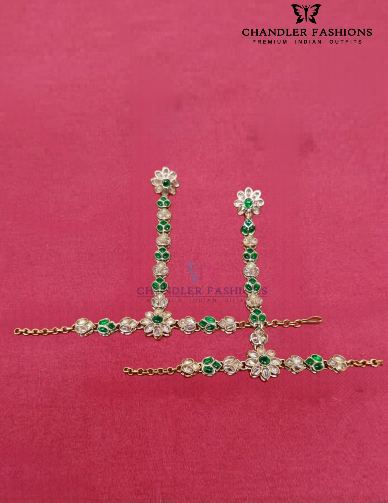Attratcive White And Green Stones Gold Plated Hand Chain For Women