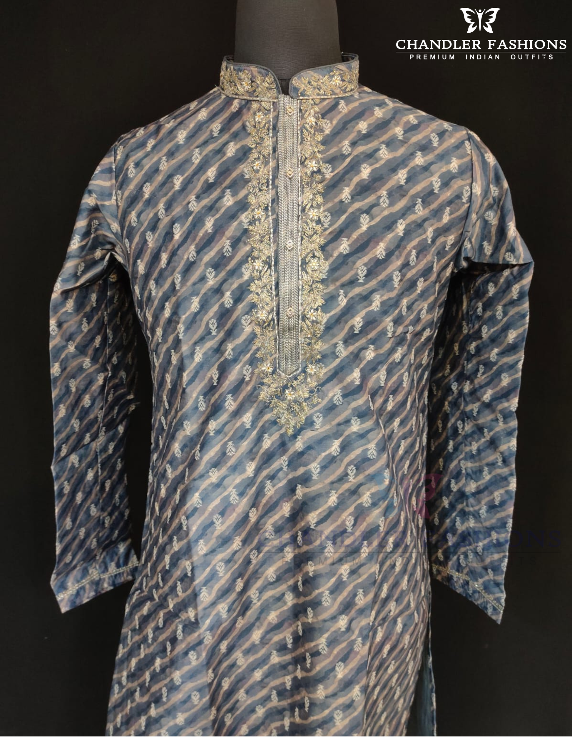 Beautiful Ash Grey Color Raw Silk Designer Men's Kurta With Stone And Embroidery Work