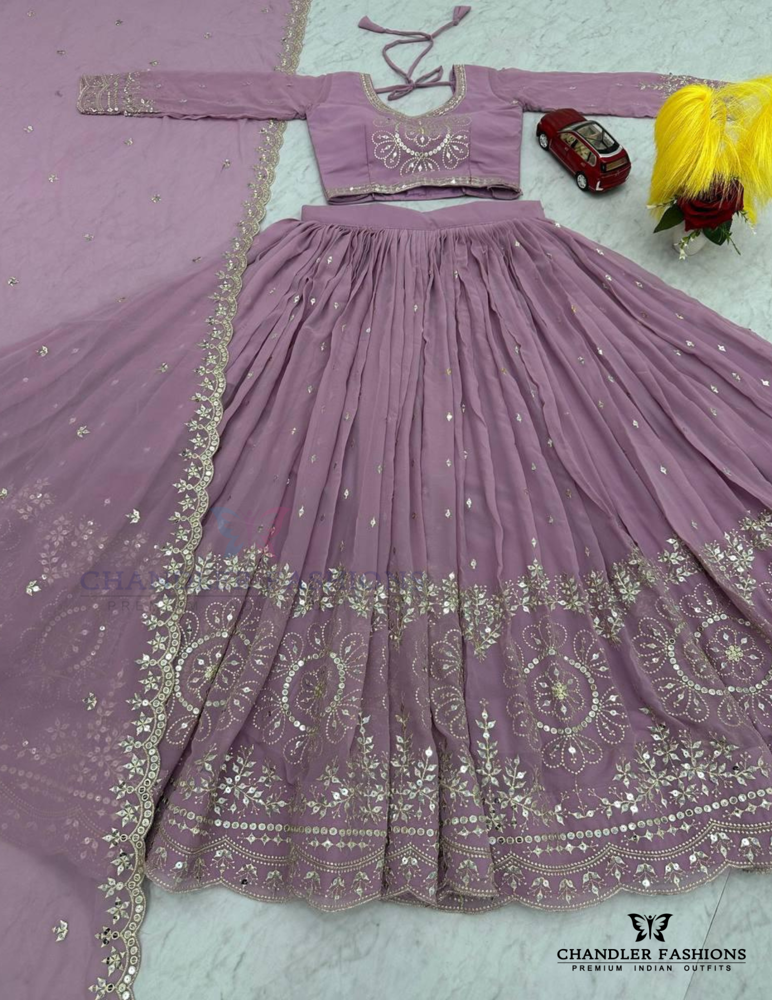 Lavender Color Embroidery And Sequins Work Lehenga Choli With Dupatta In Mesa