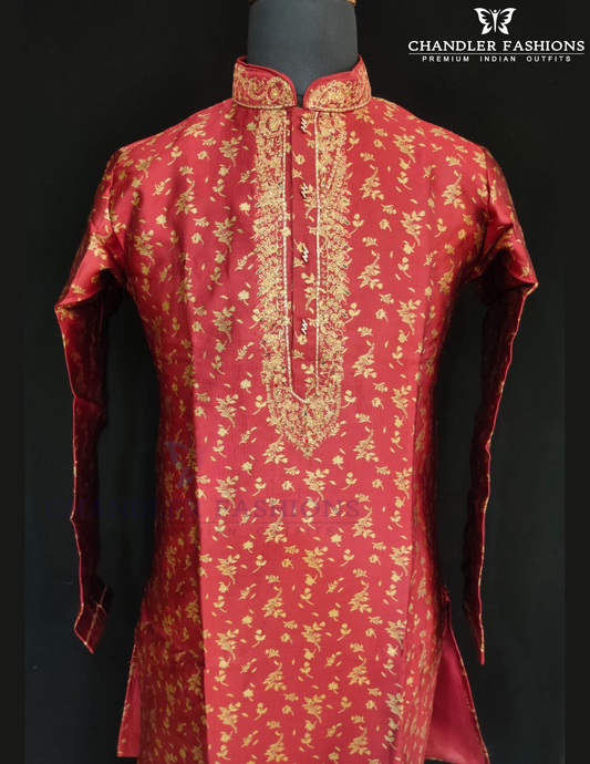 Stunning Maroon Color Raw Silk Men's Kurta With Pajama Pant