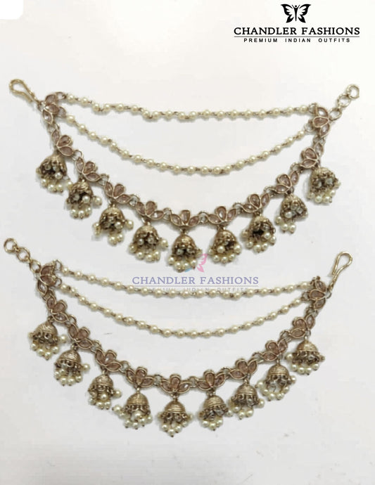 Attractive Gold And White Beads Gold Plated Jhumka Ear Chain For Women