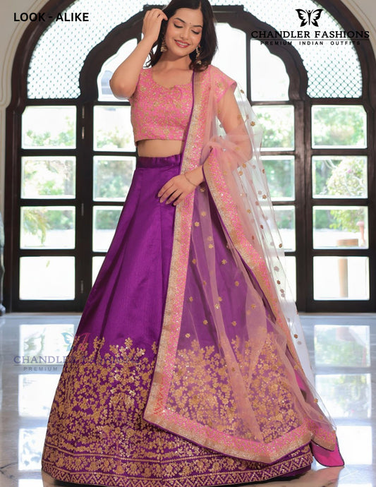 Awesome Purple Color Silk With Embroidery And Sequins Work Lehenga Choli With Dupatta For Women