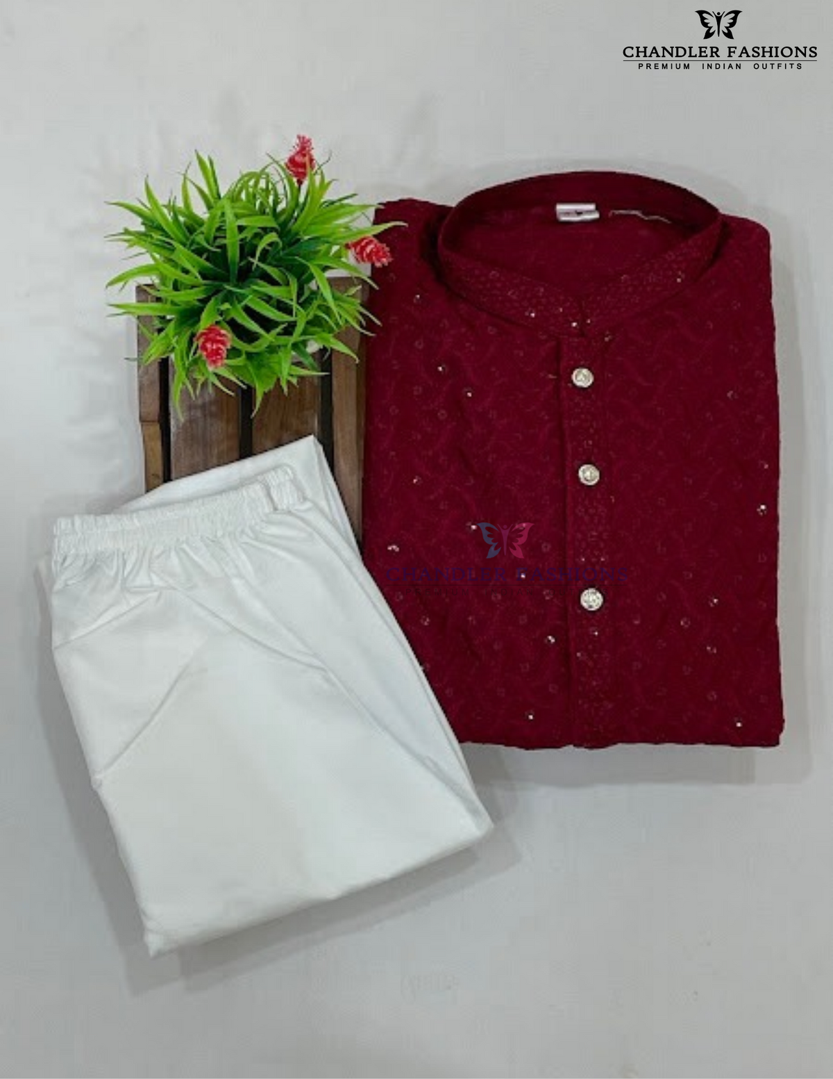 Red Color Embroidery And Sequins Work Kurta With Pajama Set In USA
