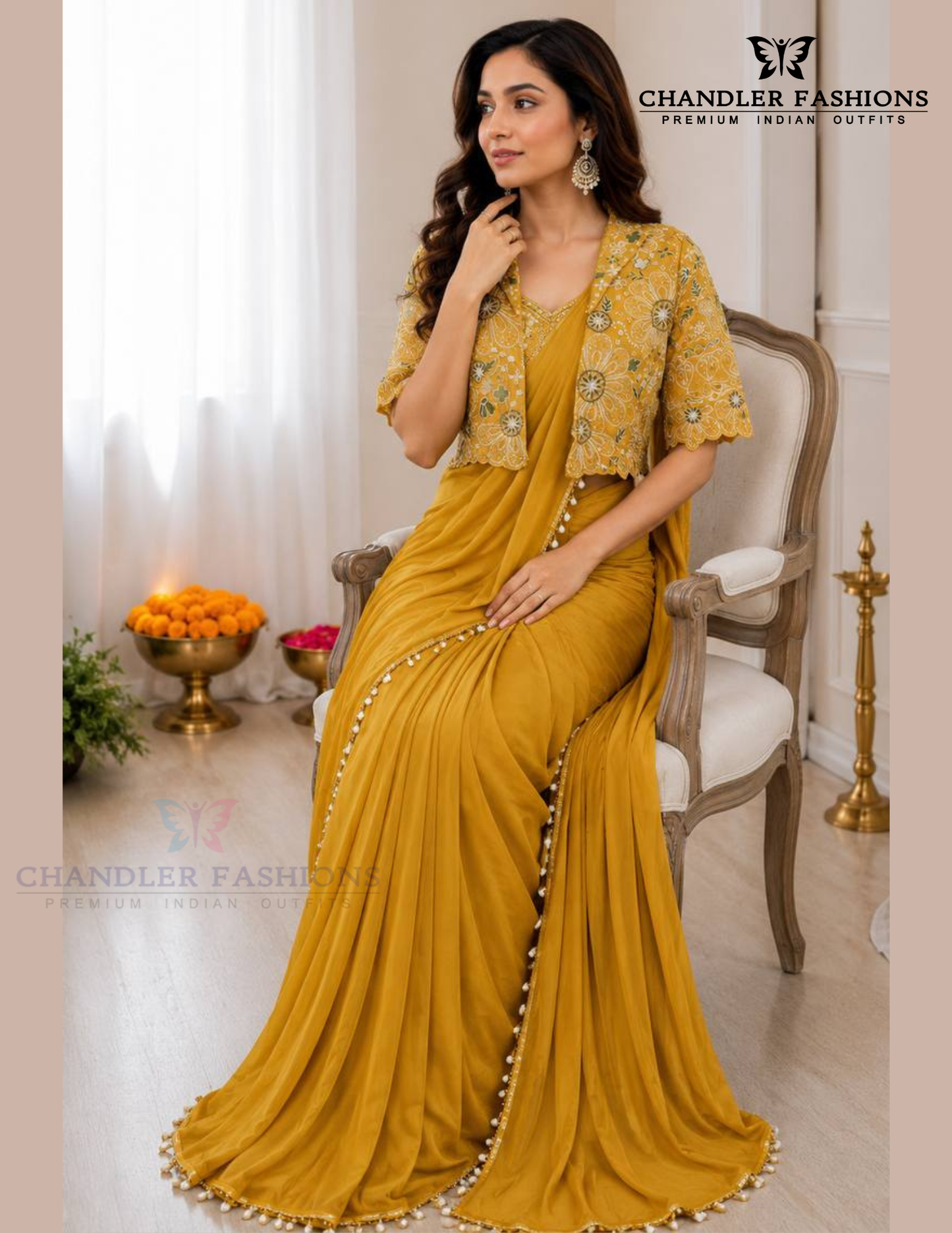 Yellow Color Crepe Silk Saree Set Featuring With Embroidery Work In USA
