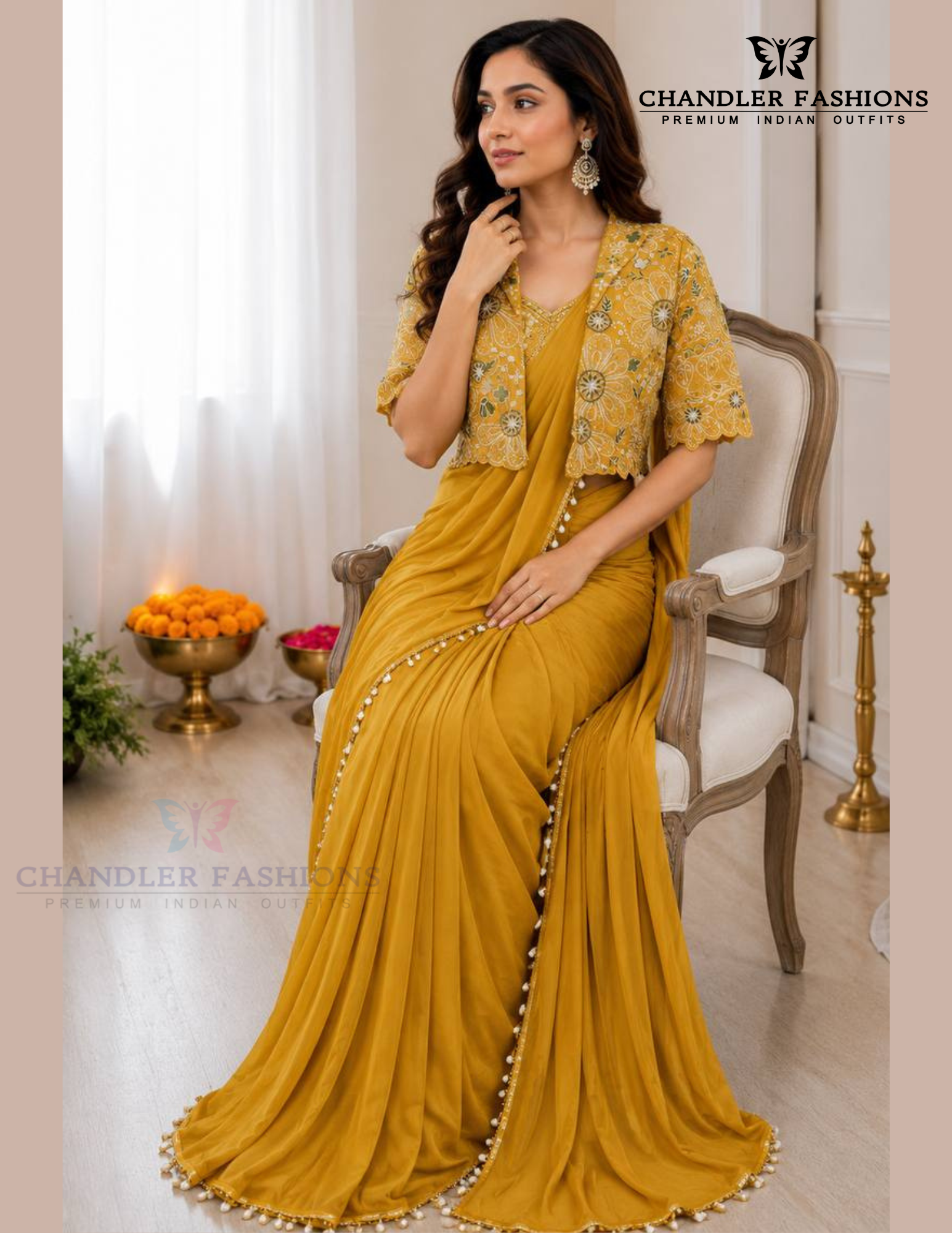 Yellow Color Crepe Silk Saree Set Featuring With Embroidery Work In USA