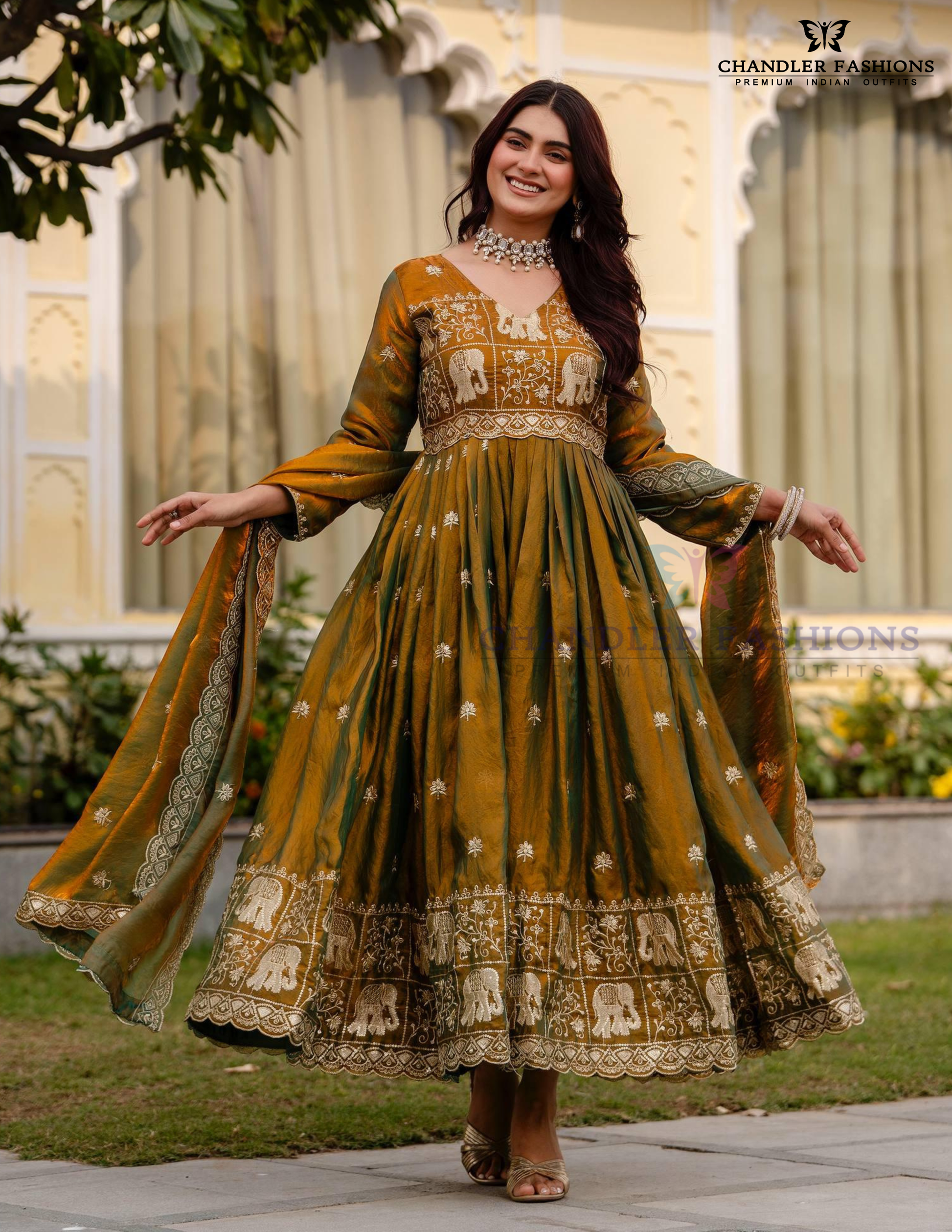 Fendy Satin With Embroidery Work Dual Tone Long Gown In Suncity