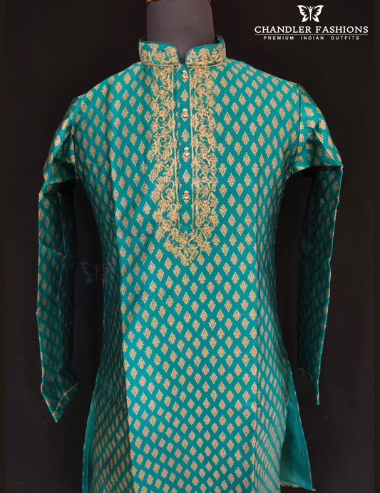 Attractive Teal Green Color Raw Silk Designer Men's Kurta With Pajama Pant