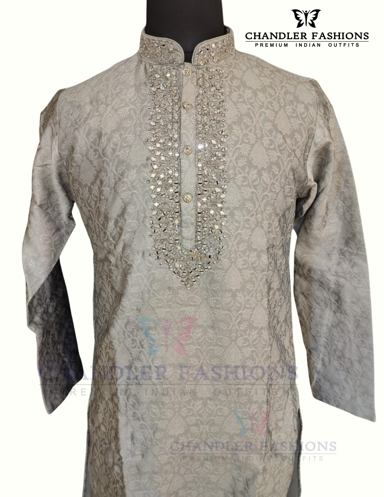 Magnificent Gray Color Brocade Designer Men's Kurta With Pajama Pant