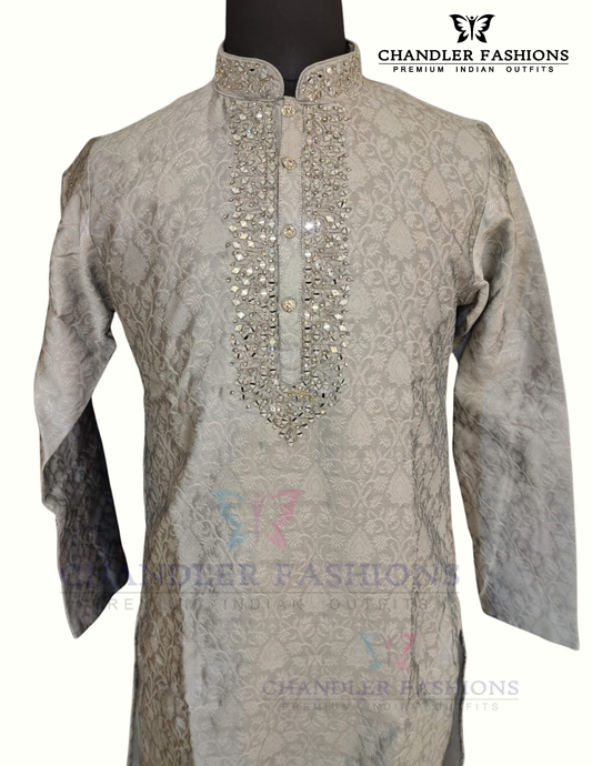 Magnificent Gray Color Brocade Designer Men's Kurta With Pajama Pant