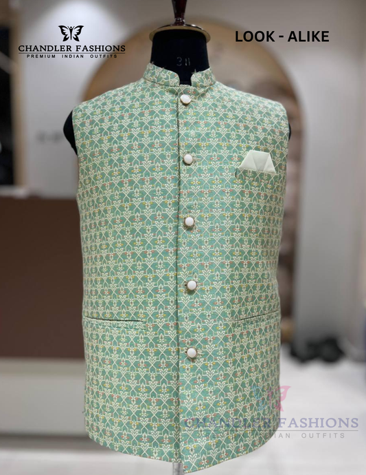 Gorgeous Pista Green Color Embroidery Work Designer Men's Jacket