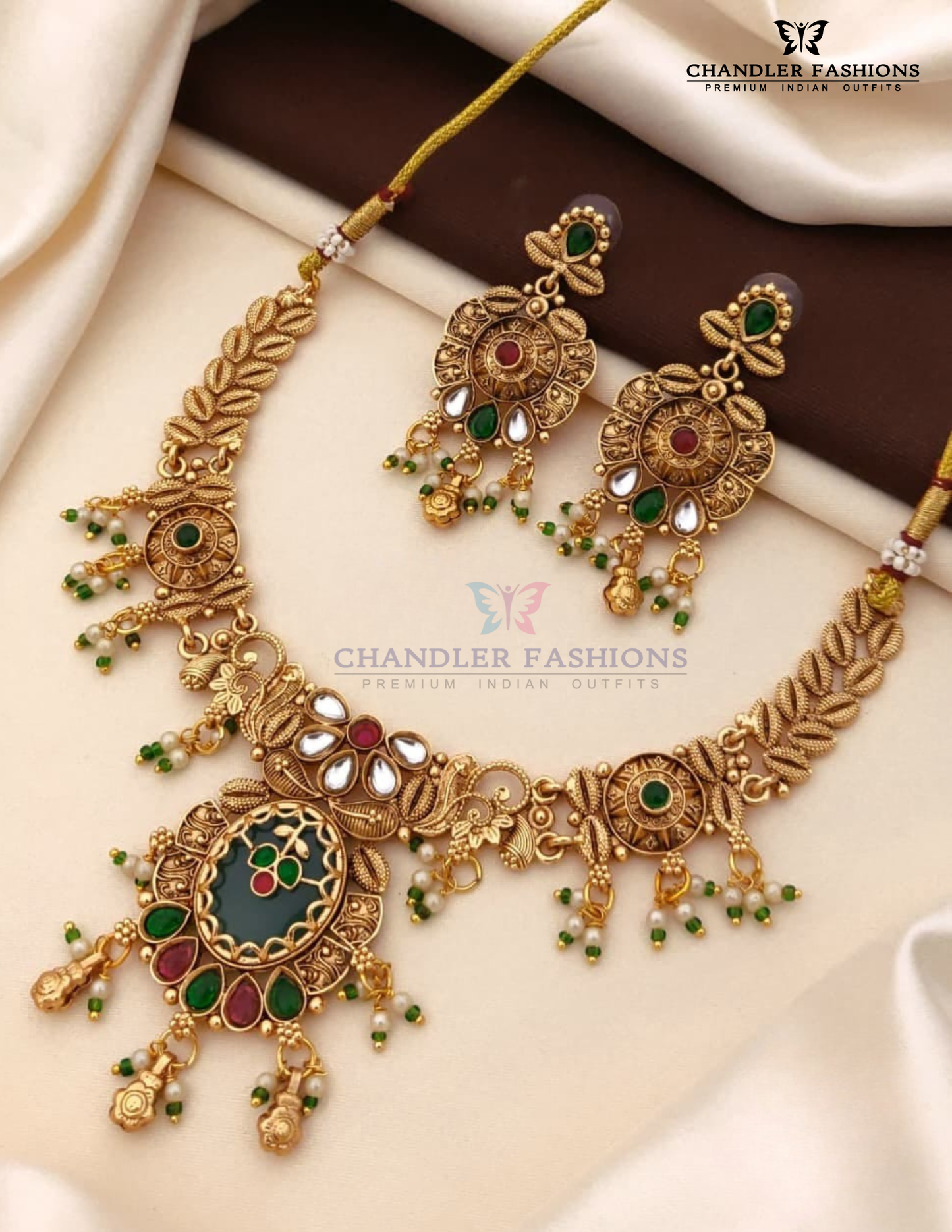 Charming Green And Red Color Stone With Pearl Beaded Antique Gold Necklace With Earrings Set