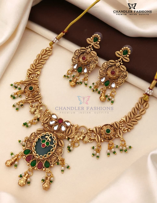 Charming Green And Red Color Stone With Pearl Beaded Antique Gold Necklace With Earrings Set