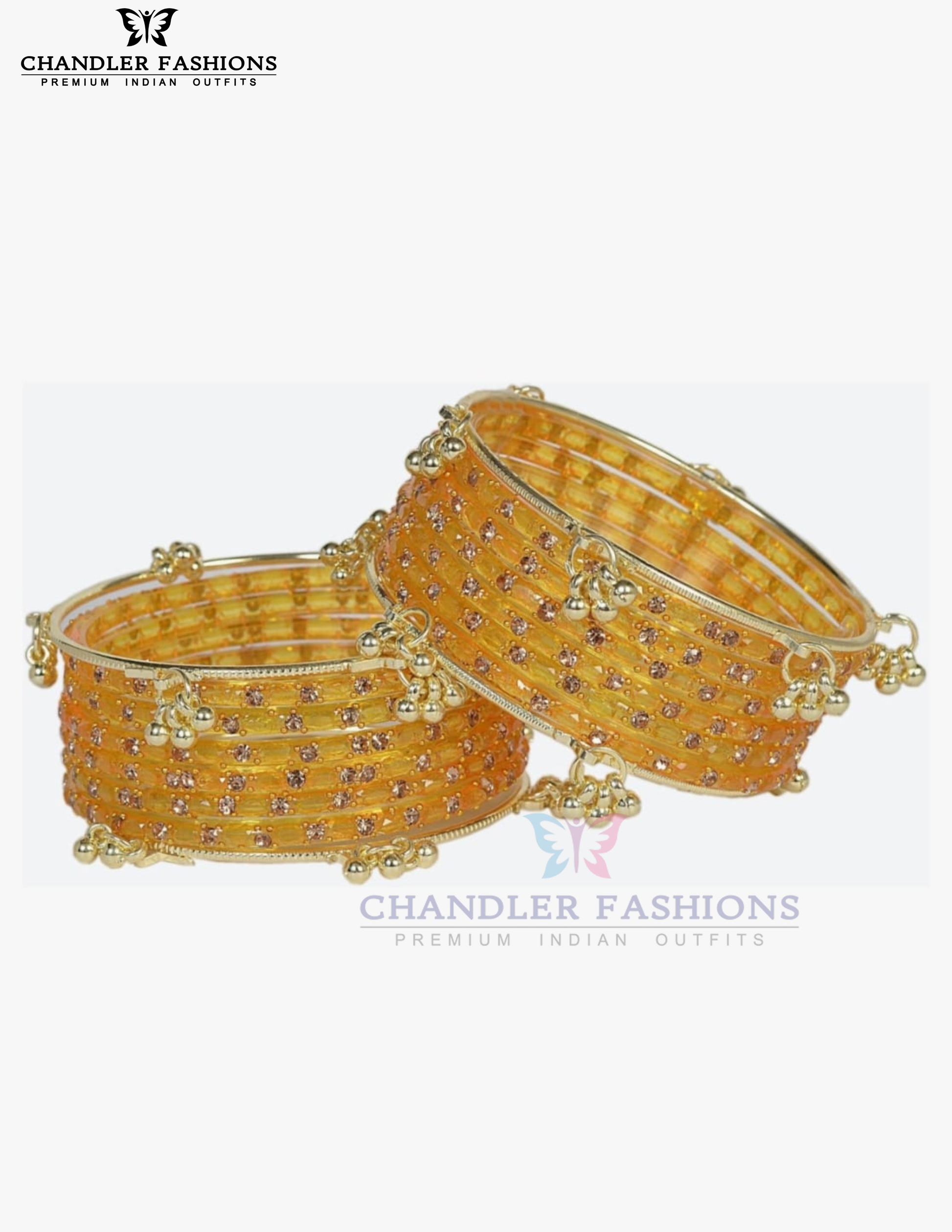 Captivating Yellow Color Raindrop Glass Bangles With Stone And Gold Finishing