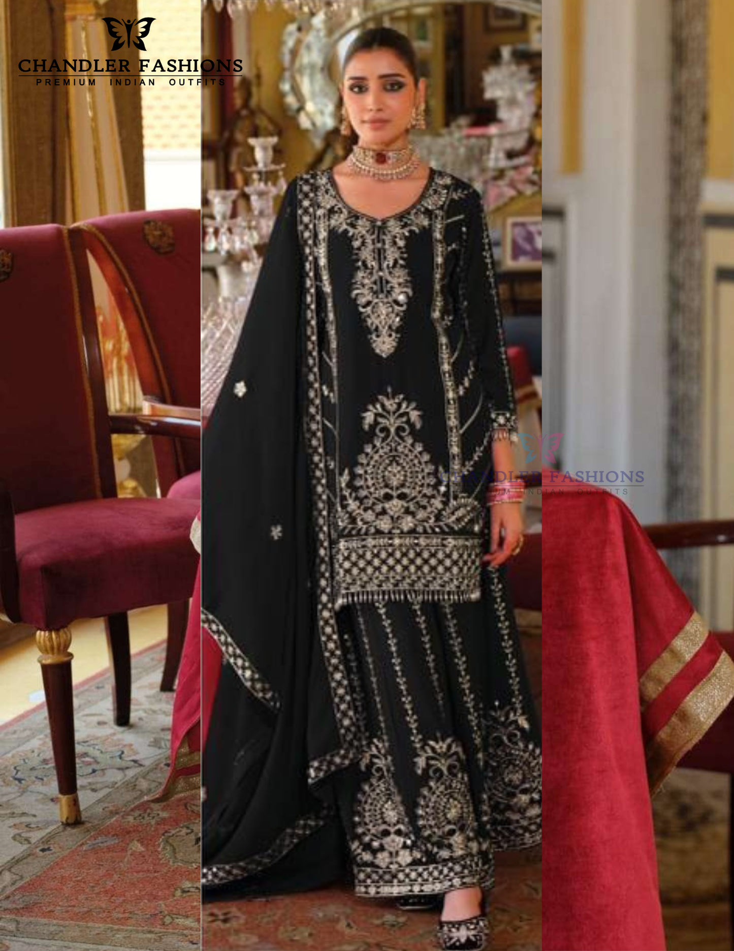 Magnificent Black Color Chinon With Embroidery And Sequins Work Palazzo Suits