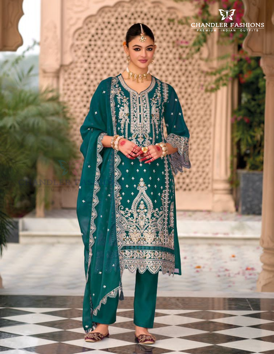 Beautiful Teal Green Color Organza With Embroidery Work Salwar Suits With Dupatta