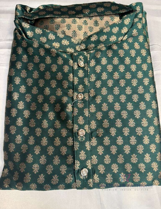 Stunning Dark Green Color Jacquard With Printed Work Kurta Suits For Men