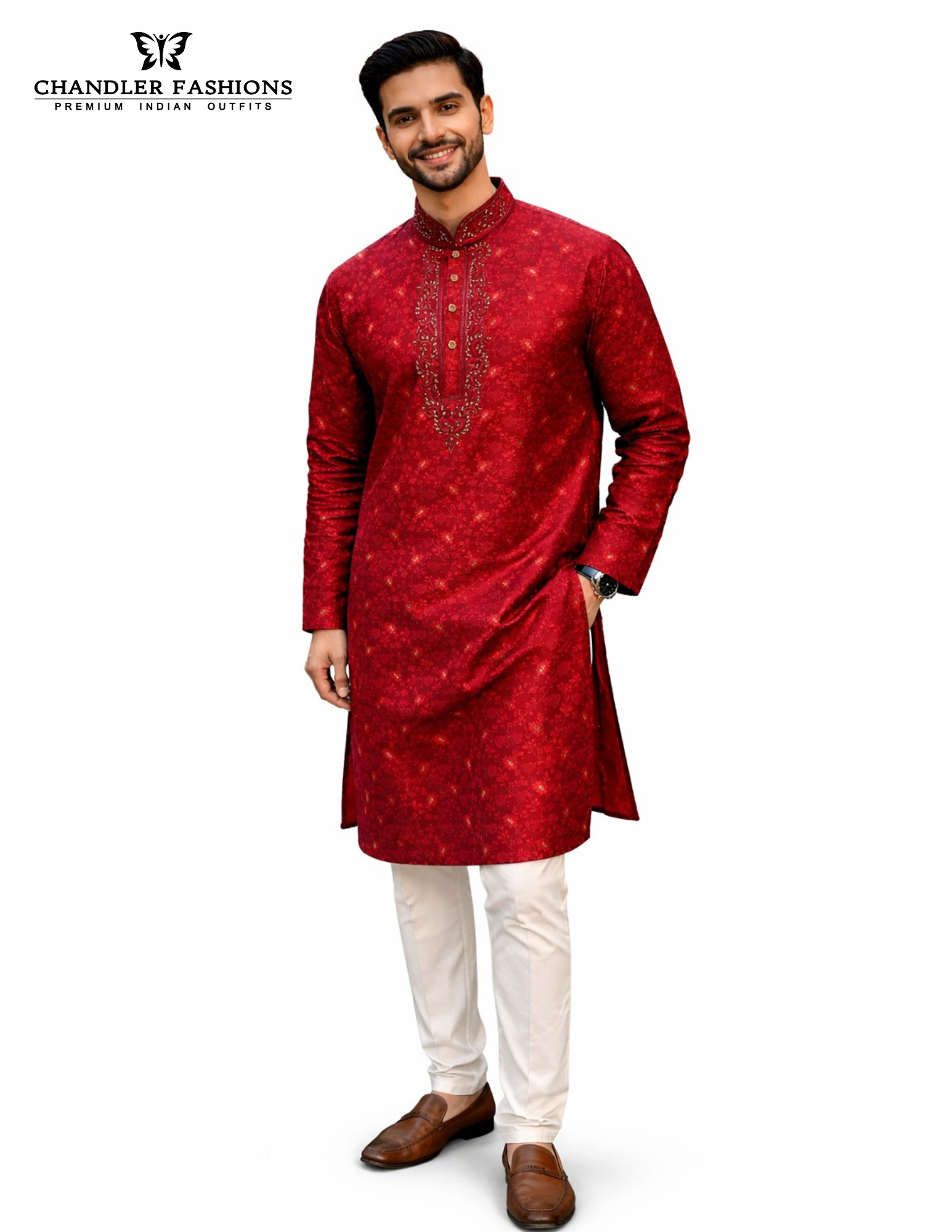 Fabulous Dark Maroon Color Brocade With Stone And Embroidery Work Kurta Suits For Men