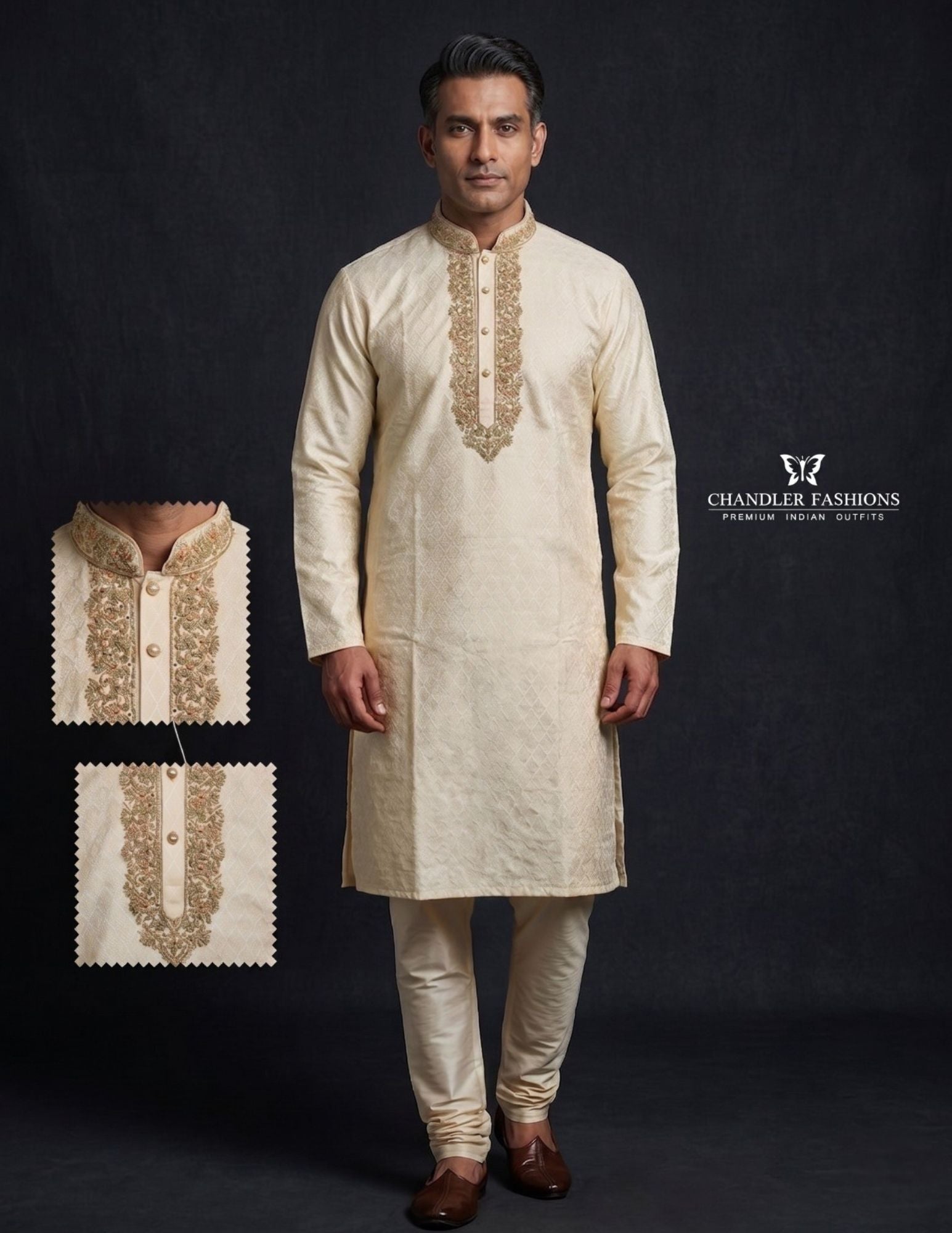 Charming Cream Color Jacquard Designer Men's Kurta With Stone And Embroidery Work