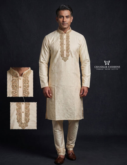 Charming Cream Color Jacquard Designer Men's Kurta With Stone And Embroidery Work