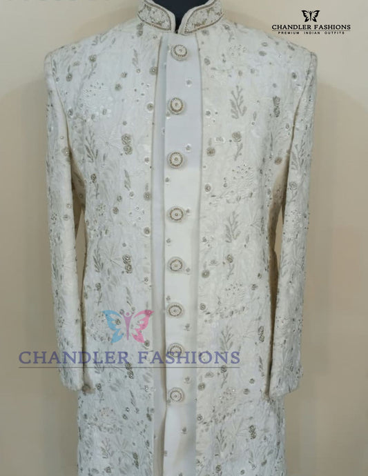 Beautiful White Color Hand Embroidery And Sequins Work Sherwani Suits For Men - PREMIUM QUALITY