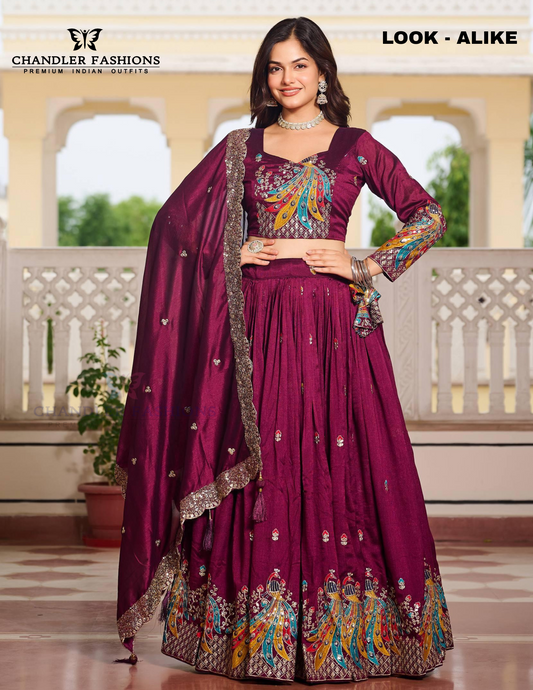 Beautiful Wine Color Embroidery And Sequins Work Lehenga Choli With Dupatta For Women