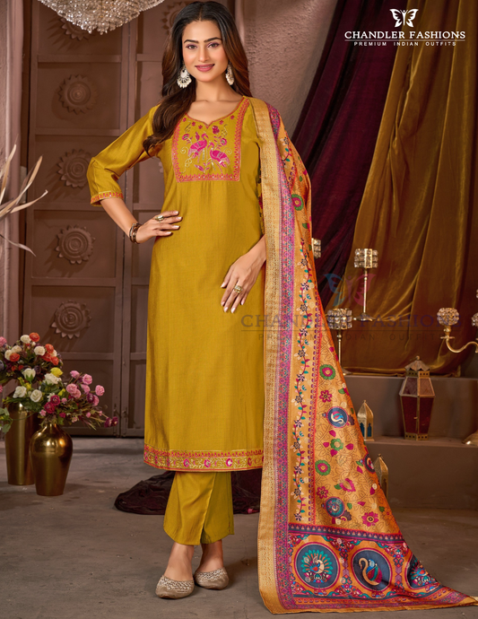 Pretty Mustard Yellow Color Vatican Silk With Embroidery And Sequins Work Salwar Suits With Dupatta