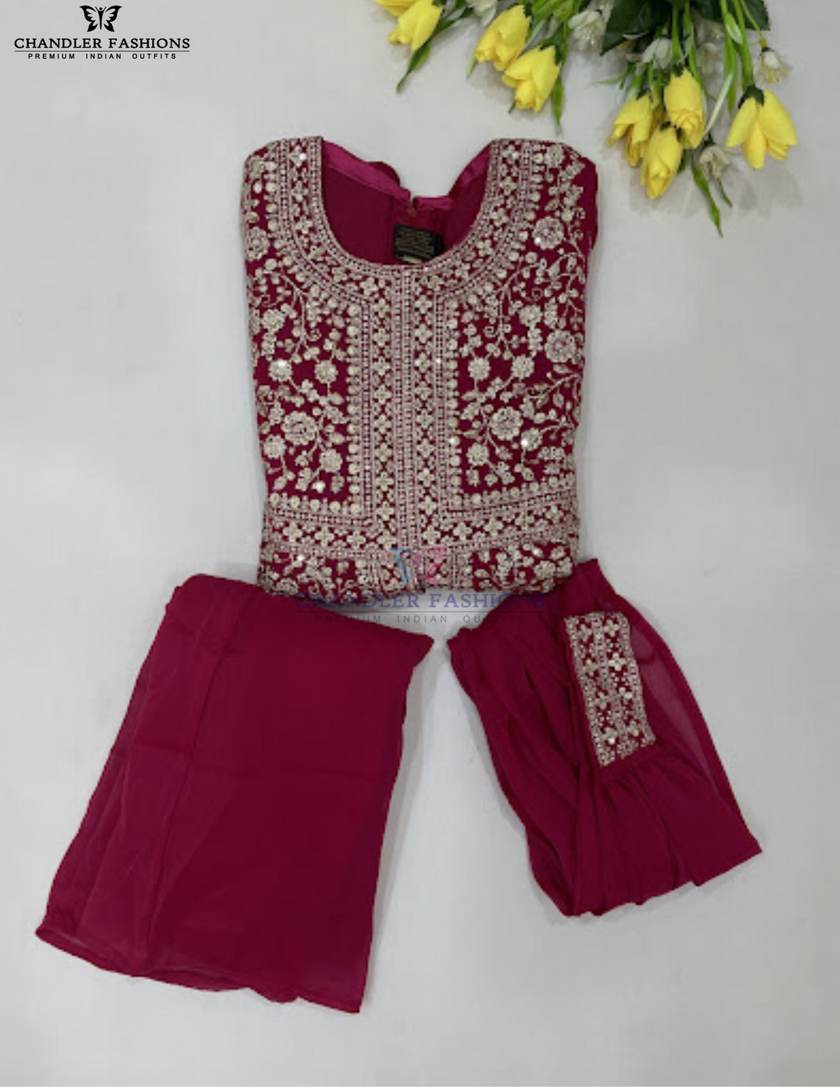 Amazing Pink Color Georgette Palazzo Suits With Embroidery And Sequins Work Near Me