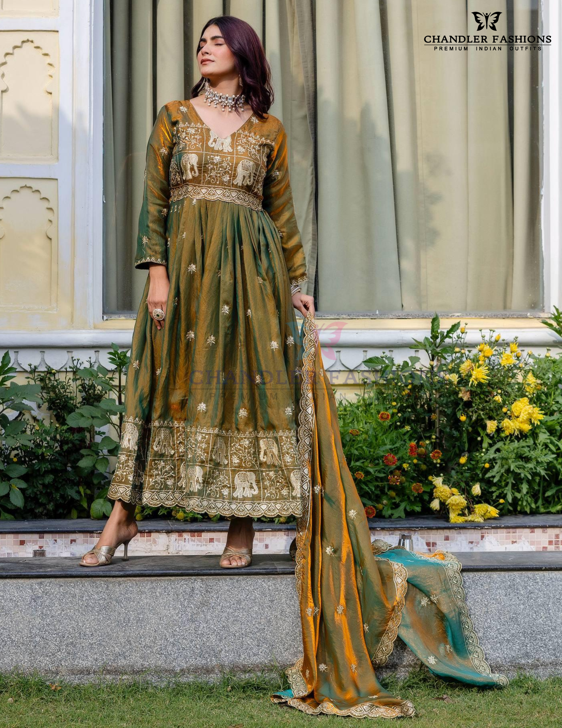 Embroidery Work Dual Tone Long Gown With Dupatta In Yuma