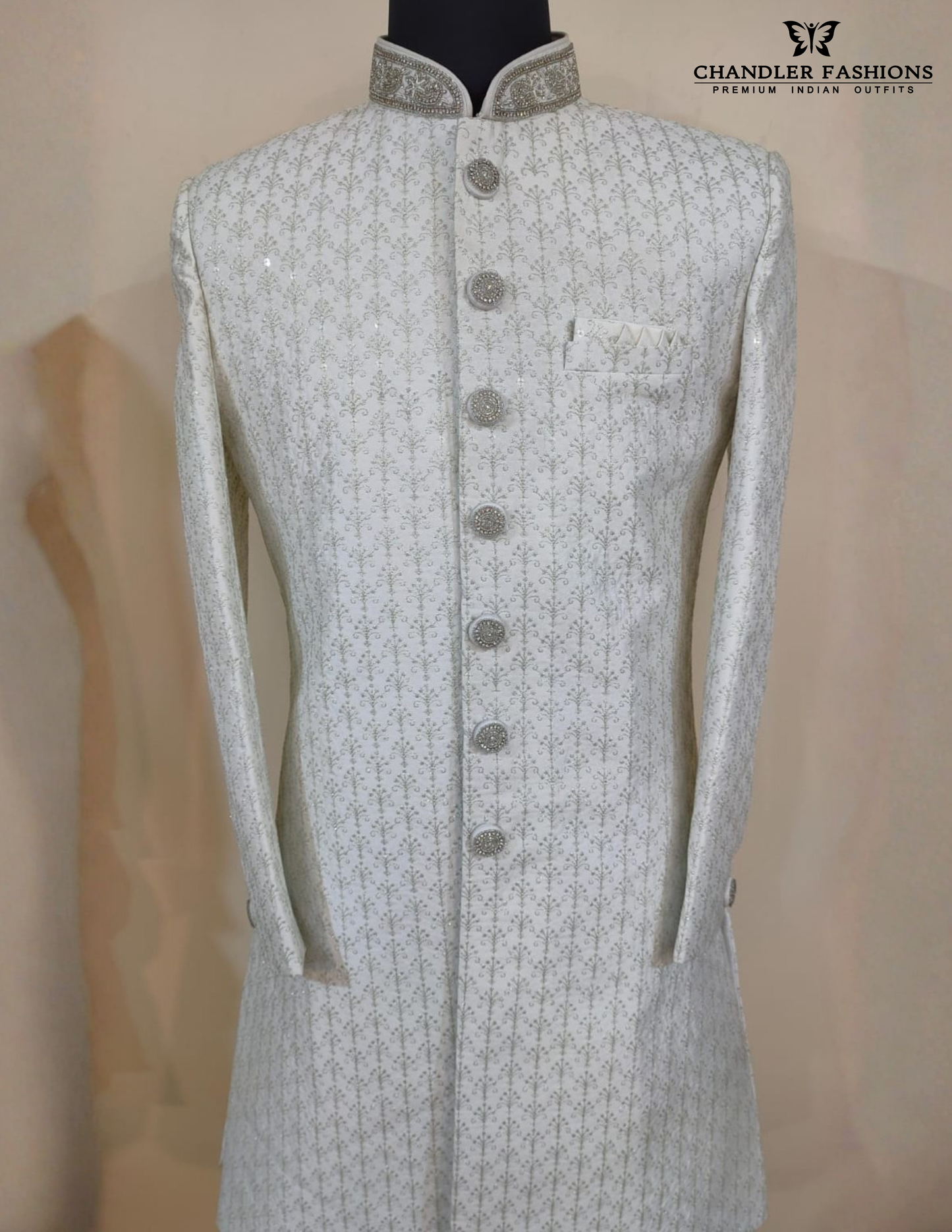 White Color Silk With Hand Embroidery Work Sherwani Suits Near Me