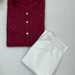 Red Color Cotton Embroidery And Sequins Work Kurta With Pajama Set Near Me
