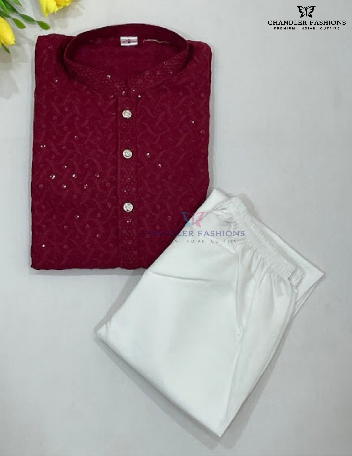 Red Color Cotton Embroidery And Sequins Work Kurta With Pajama Set Near Me